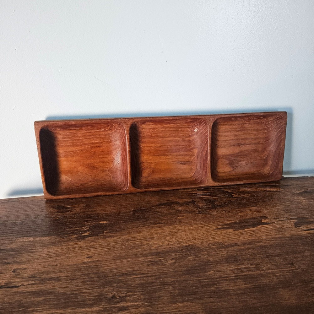 Handcrafted Teak Wood 3 Compartment Serving Tray Made in Thailand MCM VIntage